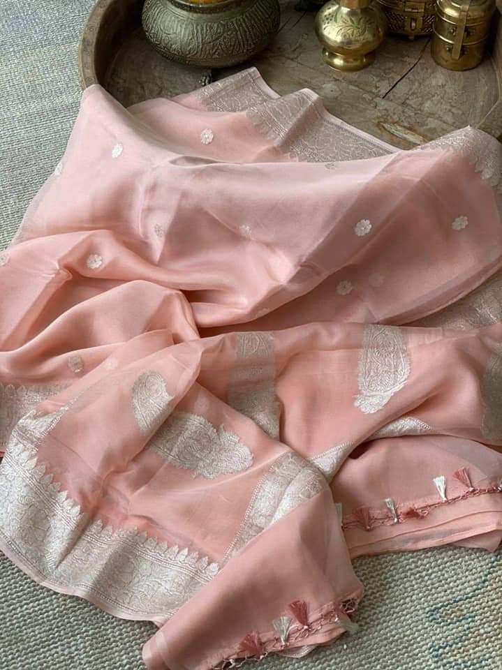 Zynah Pure Banarasi Handloom Khaddi Georgette Saree with Zari Border & Butis; Custom Stitched/Ready-made Blouse, Fall, Petticoat; Shipping available USA, Worldwide