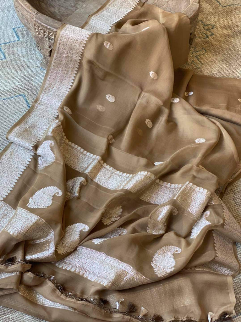 Zynah Pure Banarasi Handloom Khaddi Georgette Saree with Zari Border & Butis; Custom Stitched/Ready-made Blouse, Fall, Petticoat; Shipping available USA, Worldwide