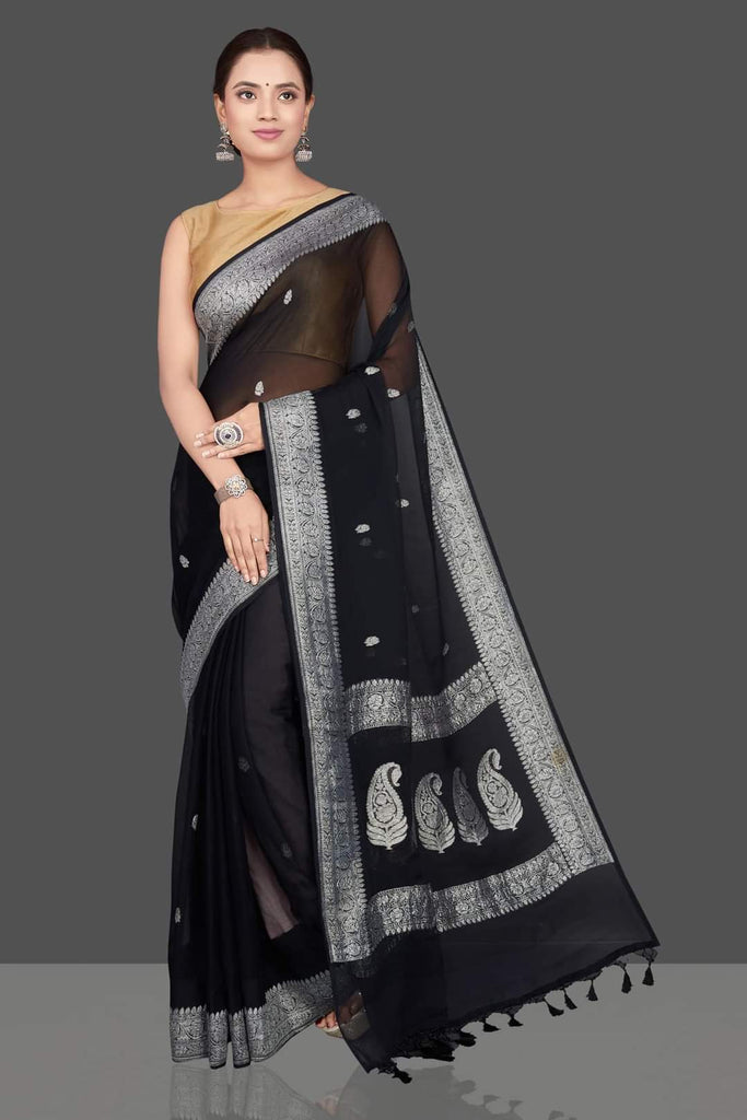 Zynah Pure Banarasi Handloom Khaddi Georgette Saree with Zari Border & Butis; Custom Stitched/Ready-made Blouse, Fall, Petticoat; Shipping available USA, Worldwide
