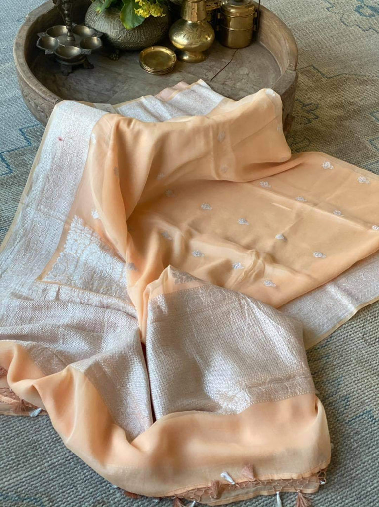 Zynah Pure Banarasi Handloom Khaddi Georgette Saree with Zari Border & Butis; Custom Stitched/Ready-made Blouse, Fall, Petticoat; Shipping available USA, Worldwide