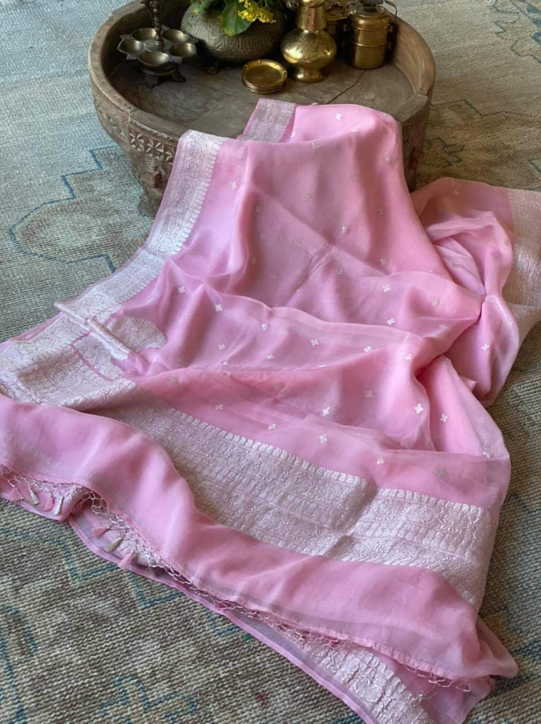 Zynah Pure Banarasi Handloom Khaddi Georgette Saree with Zari Border & Butis; Custom Stitched/Ready-made Blouse, Fall, Petticoat; Shipping available USA, Worldwide