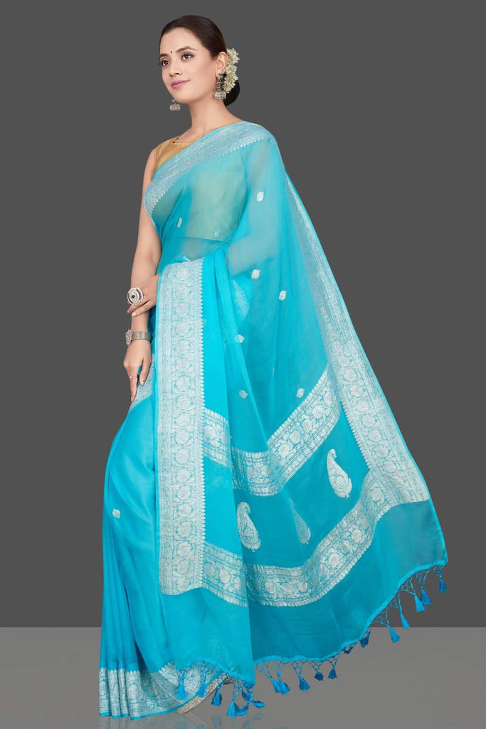 Zynah Pure Banarasi Handloom Khaddi Georgette Saree with Zari Border & Butis; Custom Stitched/Ready-made Blouse, Fall, Petticoat; Shipping available USA, Worldwide
