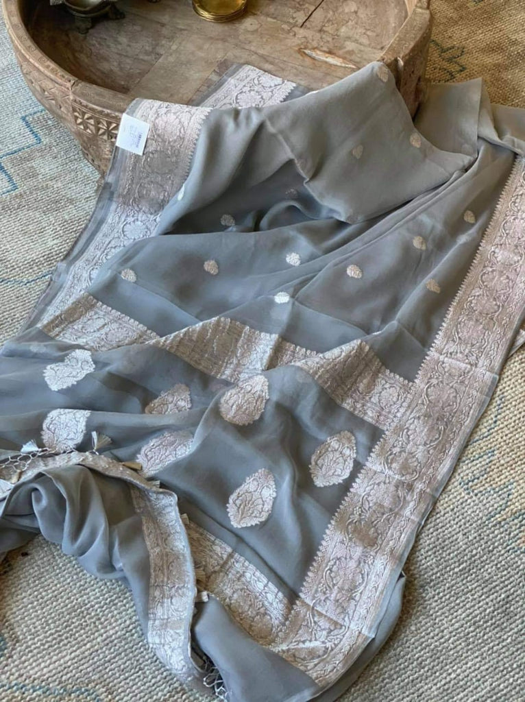 Zynah Pure Banarasi Handloom Khaddi Georgette Saree with Zari Border & Butis; Custom Stitched/Ready-made Blouse, Fall, Petticoat; Shipping available USA, Worldwide