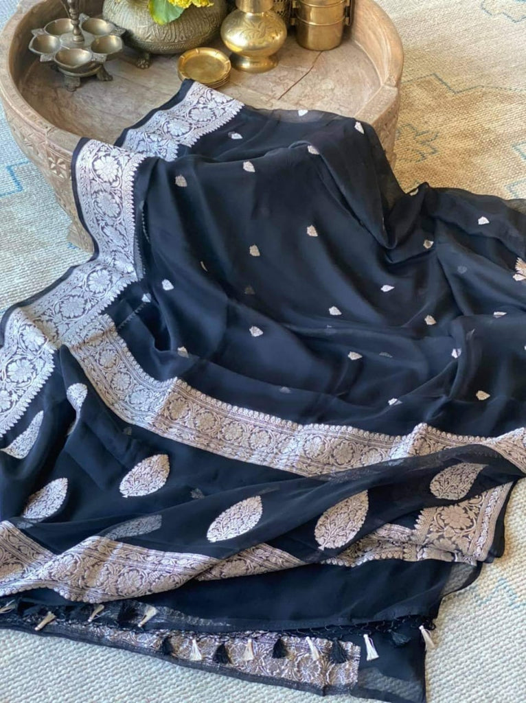 Zynah Pure Banarasi Handloom Khaddi Georgette Saree with Zari Border & Butis; Custom Stitched/Ready-made Blouse, Fall, Petticoat; Shipping available USA, Worldwide