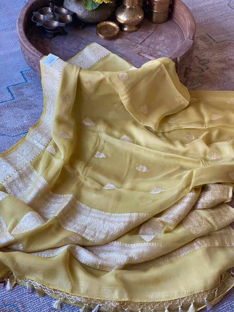 Zynah Pure Banarasi Handloom Khaddi Georgette Saree with Zari Border & Butis; Custom Stitched/Ready-made Blouse, Fall, Petticoat; Shipping available USA, Worldwide