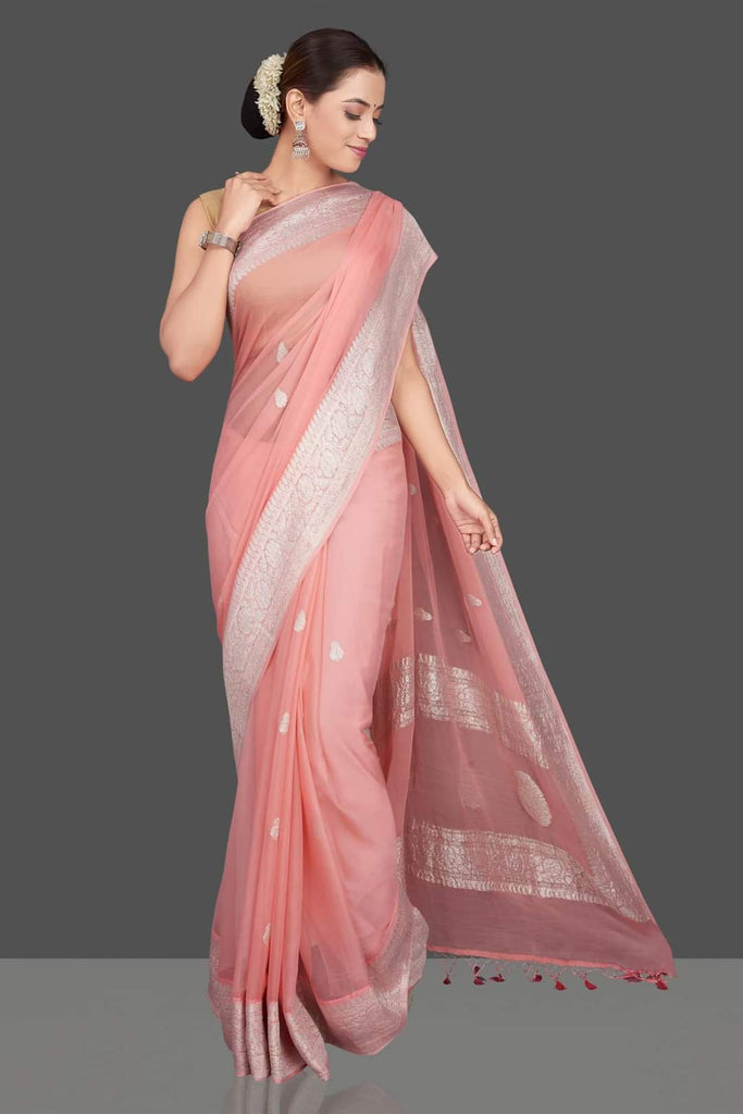 Zynah Pure Banarasi Handloom Khaddi Georgette Saree with Zari Border & Butis; Custom Stitched/Ready-made Blouse, Fall, Petticoat; Shipping available USA, Worldwide
