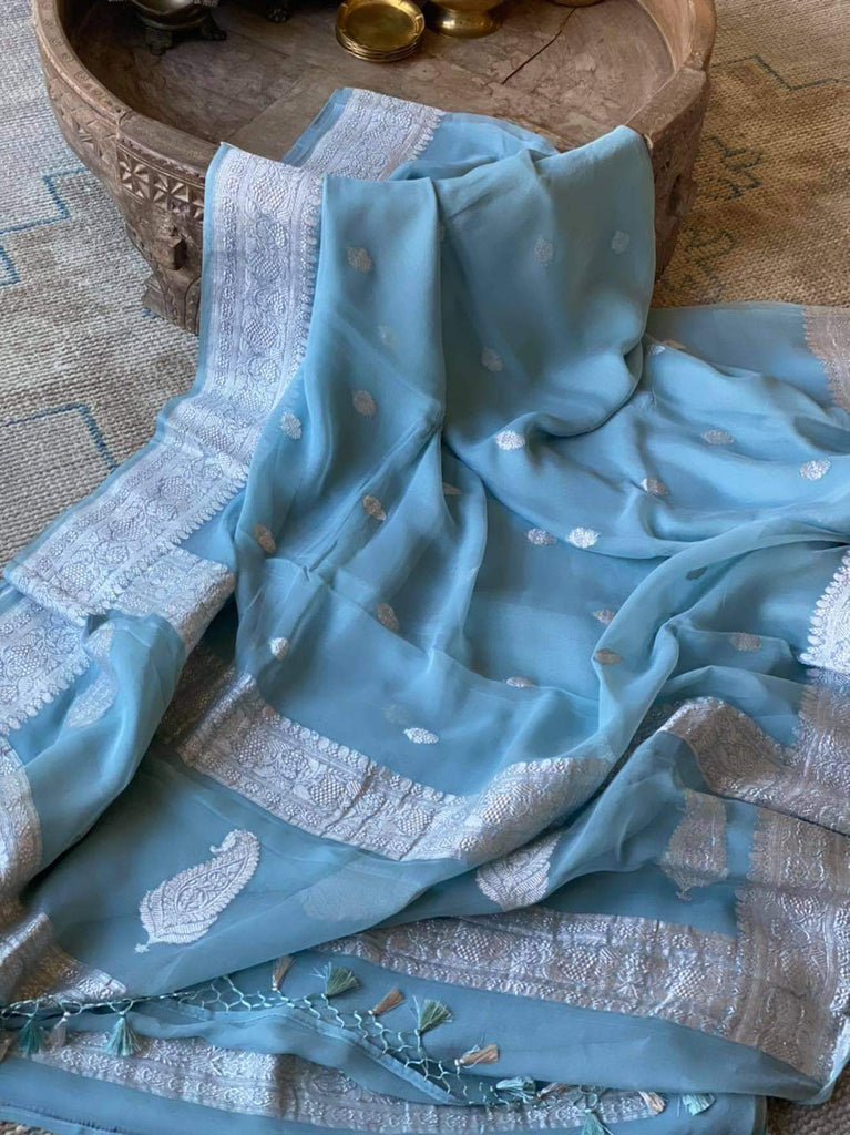 Zynah Pure Banarasi Handloom Khaddi Georgette Saree with Zari Border & Butis; Custom Stitched/Ready-made Blouse, Fall, Petticoat; Shipping available USA, Worldwide