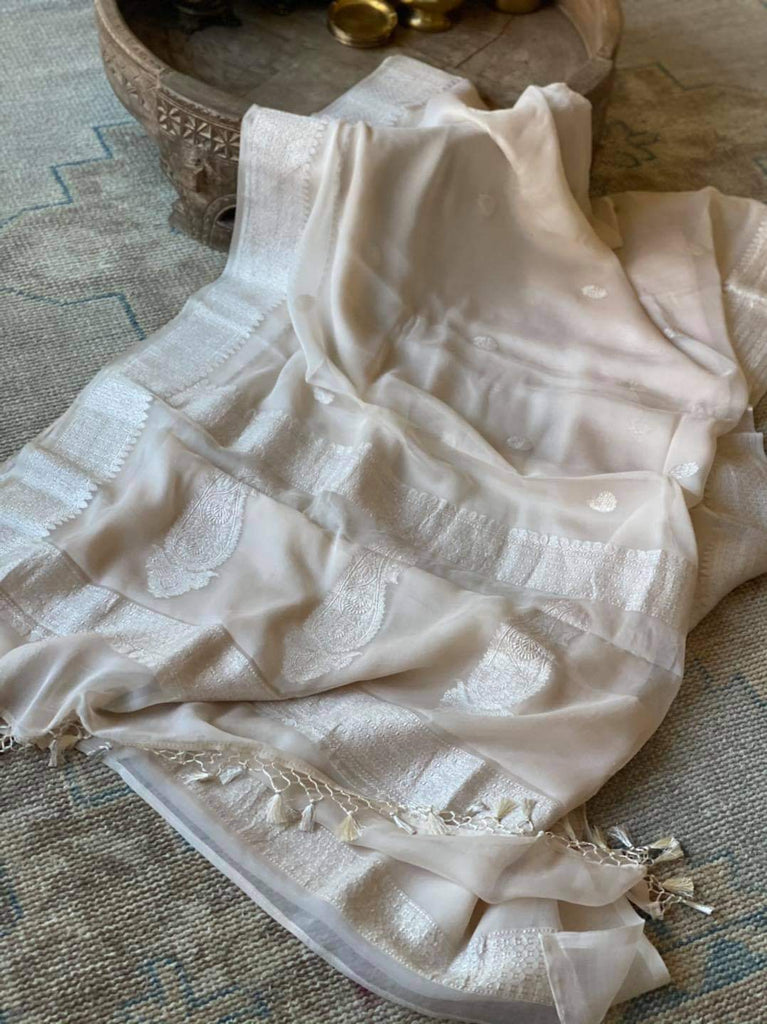 Zynah Pure Banarasi Handloom Khaddi Georgette Saree with Zari Border & Butis; Custom Stitched/Ready-made Blouse, Fall, Petticoat; Shipping available USA, Worldwide