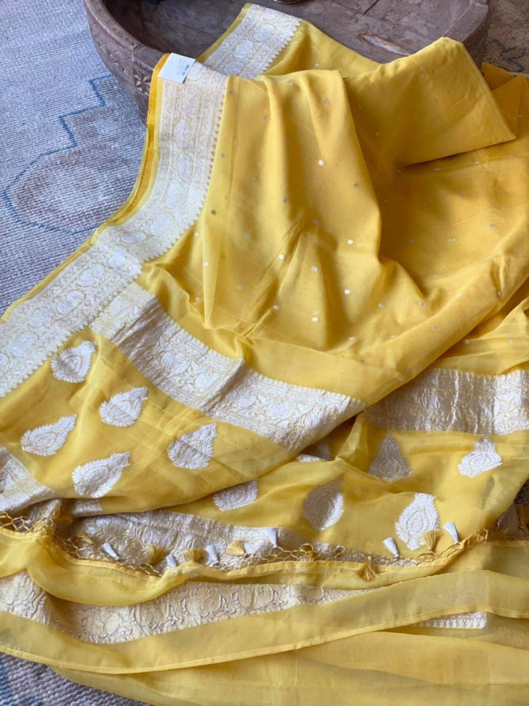 Zynah Pure Banarasi Handloom Khaddi Georgette Saree with Zari Border & Butis; Custom Stitched/Ready-made Blouse, Fall, Petticoat; Shipping available USA, Worldwide