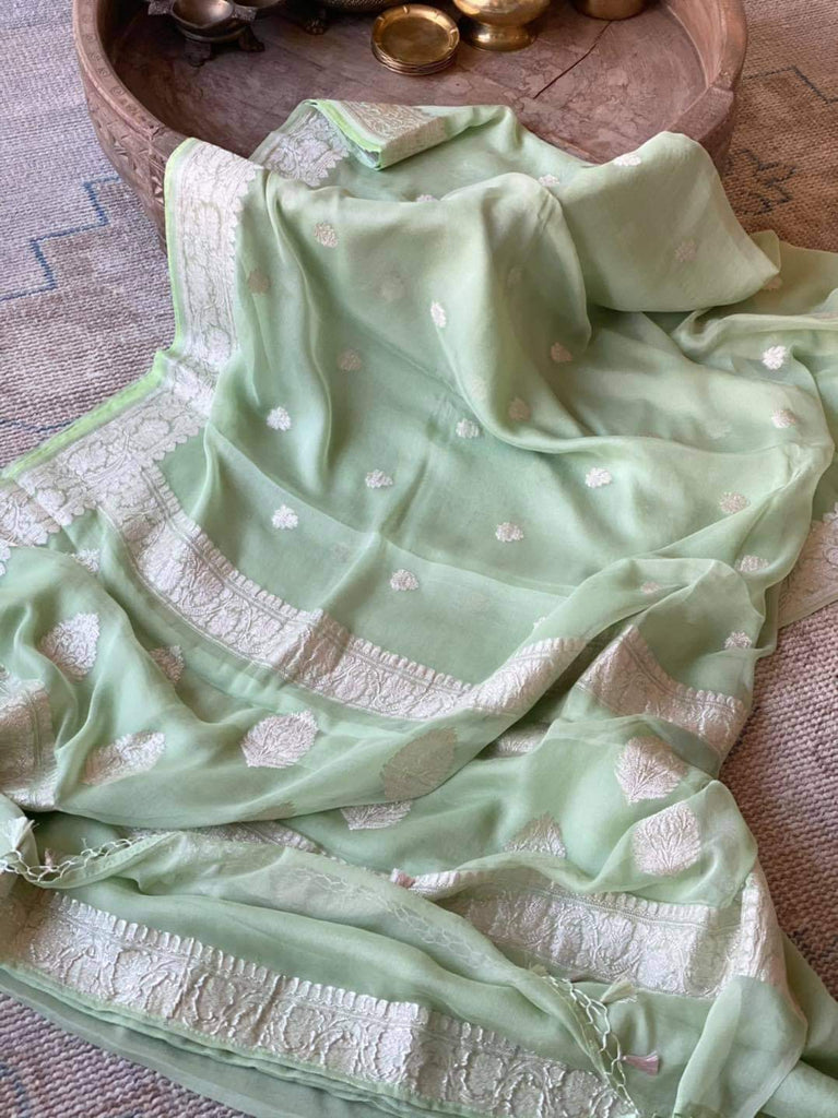 Zynah Pure Banarasi Handloom Khaddi Georgette Saree with Zari Border & Butis; Custom Stitched/Ready-made Blouse, Fall, Petticoat; Shipping available USA, Worldwide