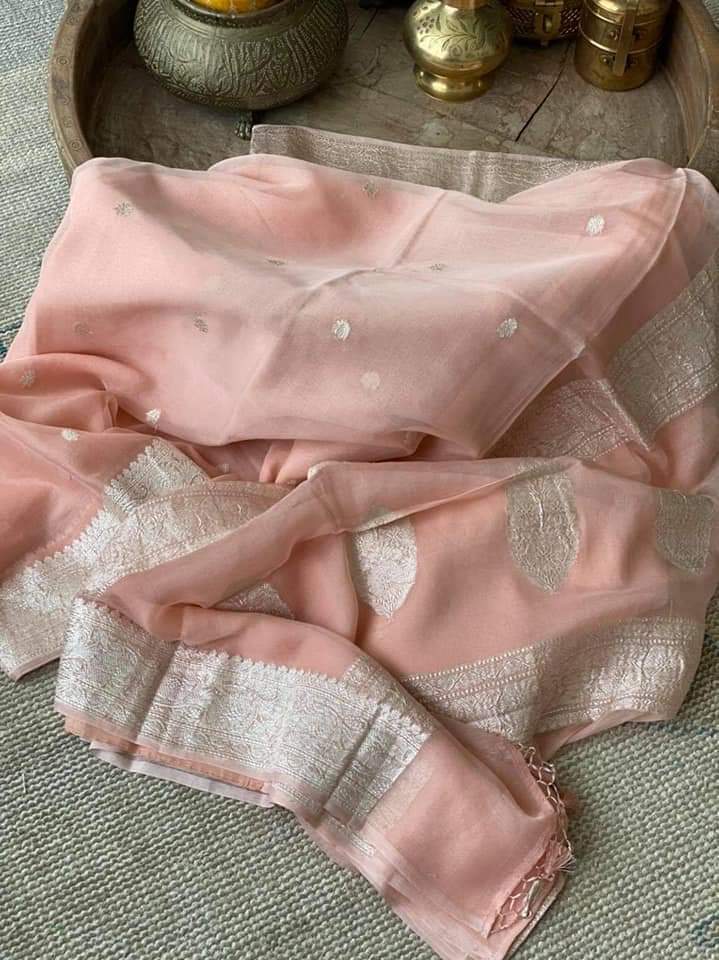 Zynah Pure Banarasi Handloom Khaddi Georgette Saree with Zari Border & Butis; Custom Stitched/Ready-made Blouse, Fall, Petticoat; Shipping available USA, Worldwide