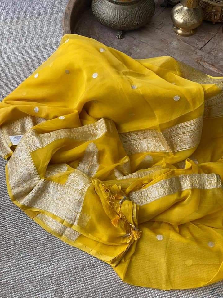 Zynah Pure Banarasi Handloom Khaddi Georgette Saree with Zari Border & Butis; Custom Stitched/Ready-made Blouse, Fall, Petticoat; Shipping available USA, Worldwide