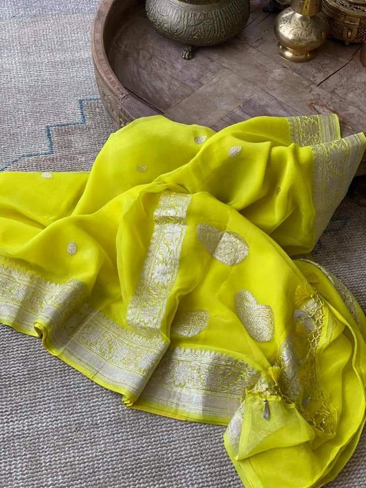 Zynah Pure Banarasi Handloom Khaddi Georgette Saree with Zari Border & Butis; Custom Stitched/Ready-made Blouse, Fall, Petticoat; Shipping available USA, Worldwide
