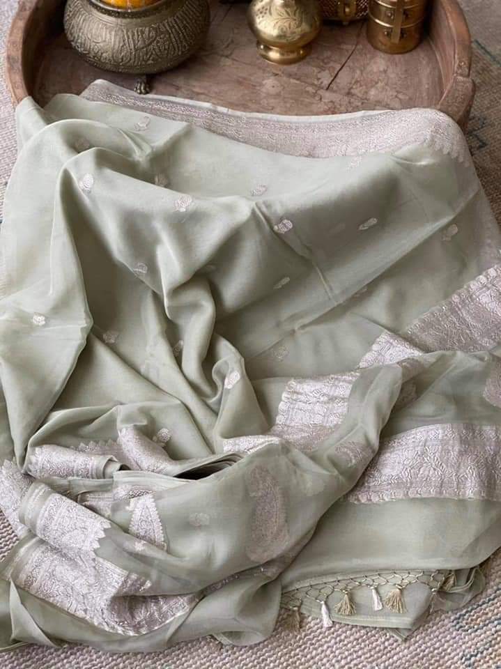 Zynah Pure Banarasi Handloom Khaddi Georgette Saree with Zari Border & Butis; Custom Stitched/Ready-made Blouse, Fall, Petticoat; Shipping available USA, Worldwide