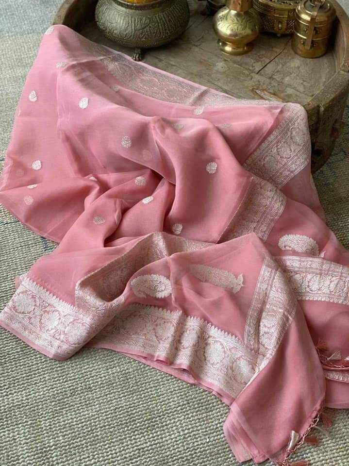 Zynah Pure Banarasi Handloom Khaddi Georgette Saree with Zari Border & Butis; Custom Stitched/Ready-made Blouse, Fall, Petticoat; Shipping available USA, Worldwide