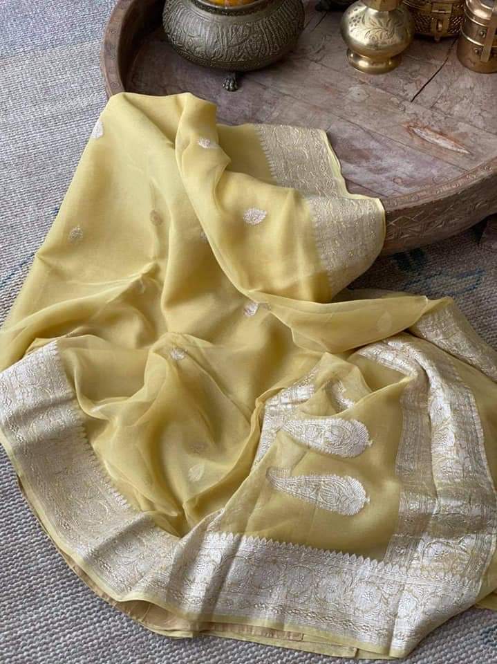 Zynah Pure Banarasi Handloom Khaddi Georgette Saree with Zari Border & Butis; Custom Stitched/Ready-made Blouse, Fall, Petticoat; Shipping available USA, Worldwide