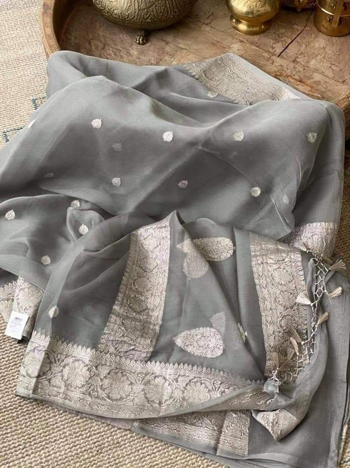 Zynah Pure Banarasi Handloom Khaddi Georgette Saree with Zari Border & Butis; Custom Stitched/Ready-made Blouse, Fall, Petticoat; Shipping available USA, Worldwide