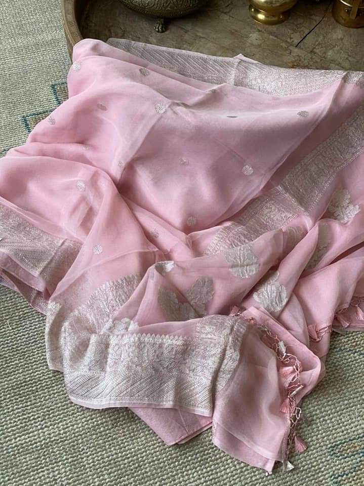 Zynah Pure Banarasi Handloom Khaddi Georgette Saree with Zari Border & Butis; Custom Stitched/Ready-made Blouse, Fall, Petticoat; Shipping available USA, Worldwide