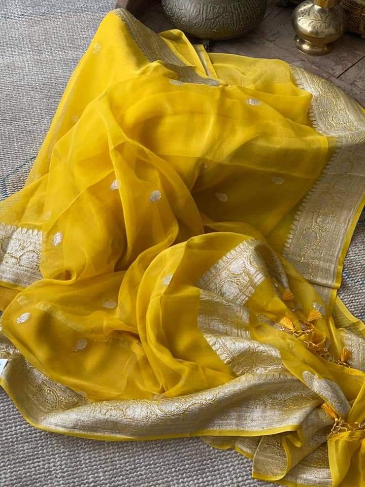 Zynah Pure Banarasi Handloom Khaddi Georgette Saree with Zari Border & Butis; Custom Stitched/Ready-made Blouse, Fall, Petticoat; Shipping available USA, Worldwide