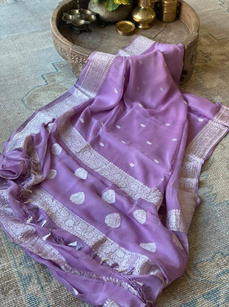 Zynah Pure Banarasi Handloom Khaddi Georgette Saree with Zari Border & Butis; Custom Stitched/Ready-made Blouse, Fall, Petticoat; Shipping available USA, Worldwide