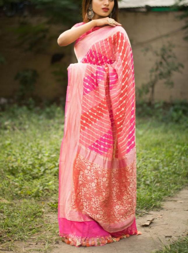 Zynah Khaddi Georgette Saree in Lehariya Weaving; Custom Stitched/Ready-made Blouse, Fall, Petticoat; Shipping available USA, Worldwide
