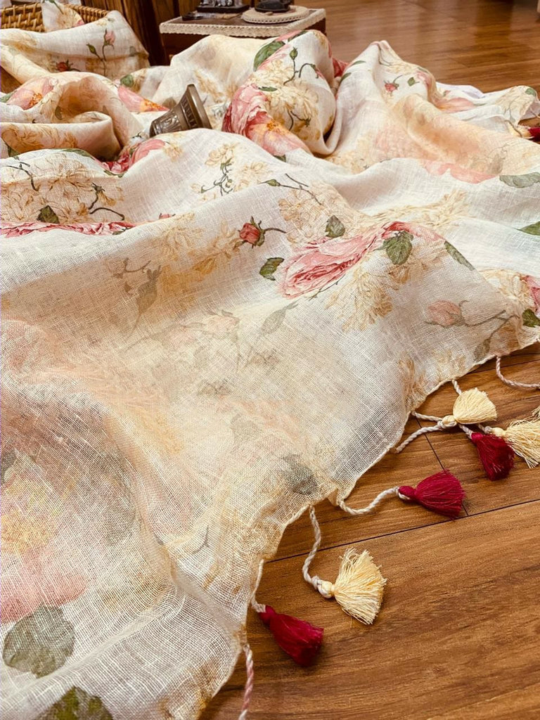 Zynah Organic Pure Linen by Linen(120c) Saree with Digital Floral Prints; Custom Stitched/Ready-made Blouse, Fall, Petticoat; Shipping available USA, Worldwide