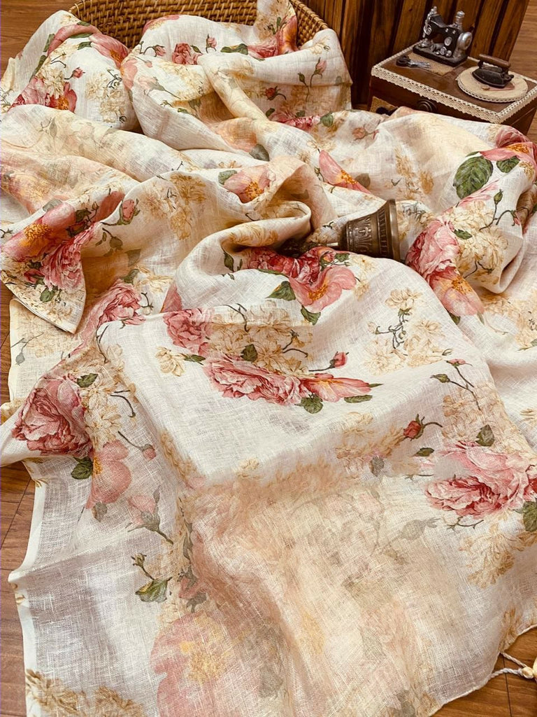 Zynah Organic Pure Linen by Linen(120c) Saree with Digital Floral Prints; Custom Stitched/Ready-made Blouse, Fall, Petticoat; Shipping available USA, Worldwide