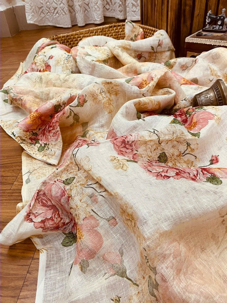 Zynah Organic Pure Linen by Linen(120c) Saree with Digital Floral Prints; Custom Stitched/Ready-made Blouse, Fall, Petticoat; Shipping available USA, Worldwide