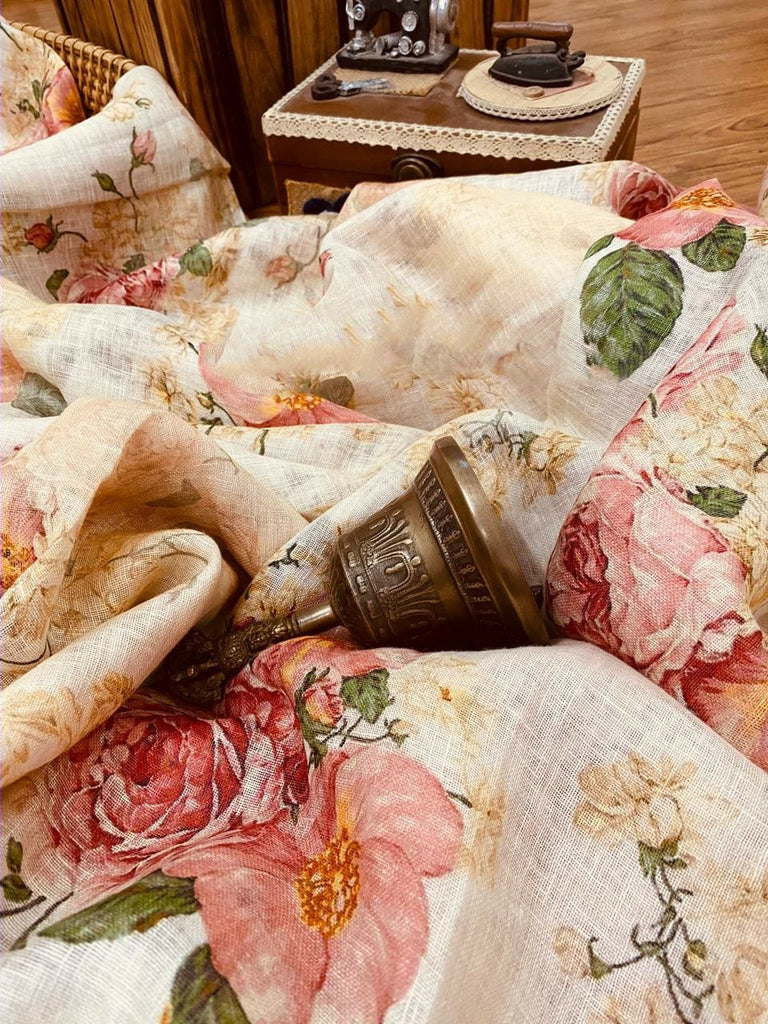 Zynah Organic Pure Linen by Linen(120c) Saree with Digital Floral Prints; Custom Stitched/Ready-made Blouse, Fall, Petticoat; Shipping available USA, Worldwide