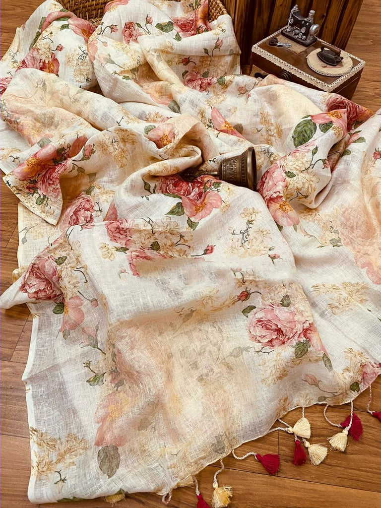 Zynah Organic Pure Linen by Linen(120c) Saree with Digital Floral Prints; Custom Stitched/Ready-made Blouse, Fall, Petticoat; Shipping available USA, Worldwide
