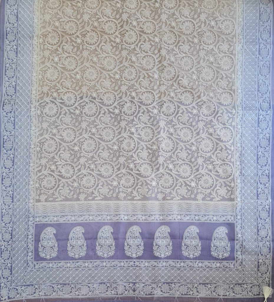 Zynah Pure Organza Silk Saree with Floral Jaal Thread Chikankari Embroidery; Custom Stitched/Ready-made Blouse, Fall, Petticoat; Shipping available USA, Worldwide