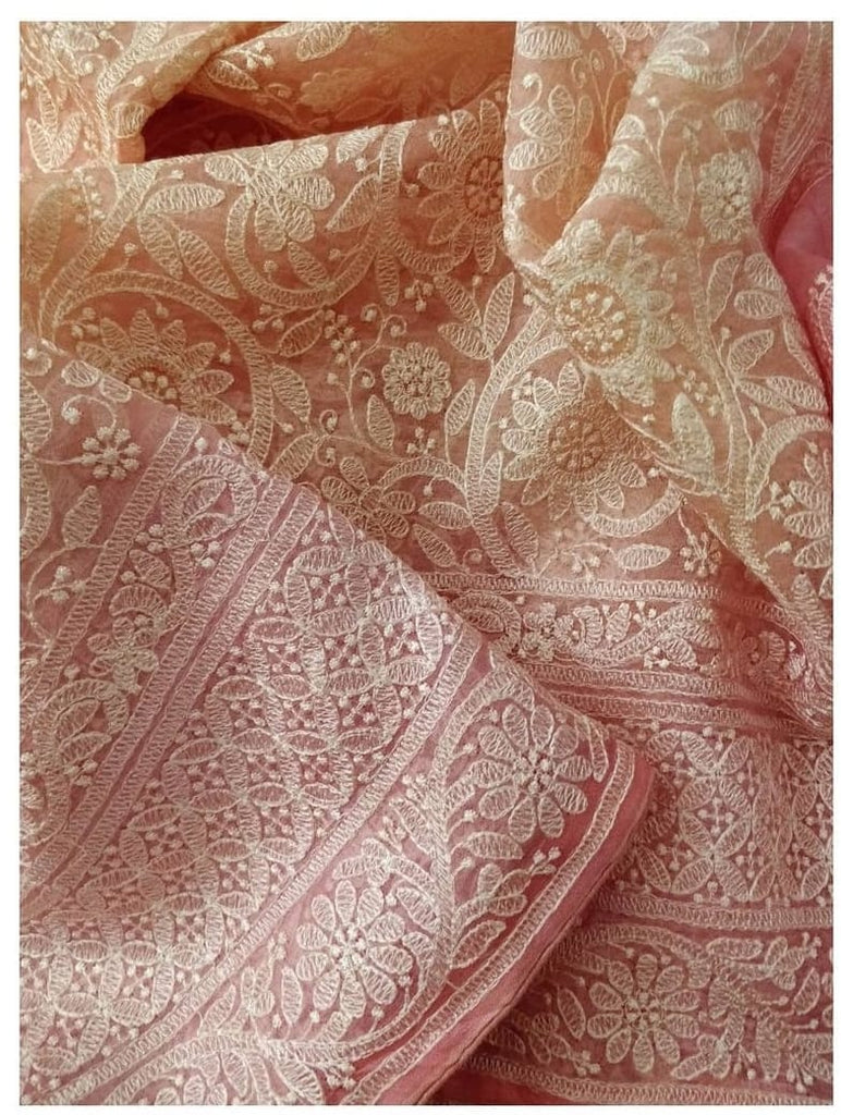 Zynah Pure Organza Silk Saree with Floral Jaal Thread Embroidered; Custom Stitched/Ready-made Blouse, Fall, Petticoat; Shipping available USA, Worldwid