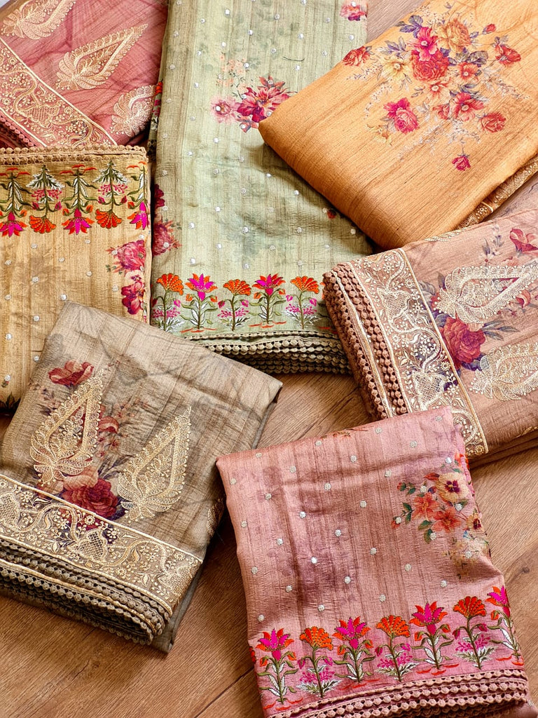 Zynah Pure Tussar Silk Saree with Floral Prints & Embroidery; Custom Stitched/Ready-made Blouse, Fall, Petticoat; Shipping available USA, Worldwide