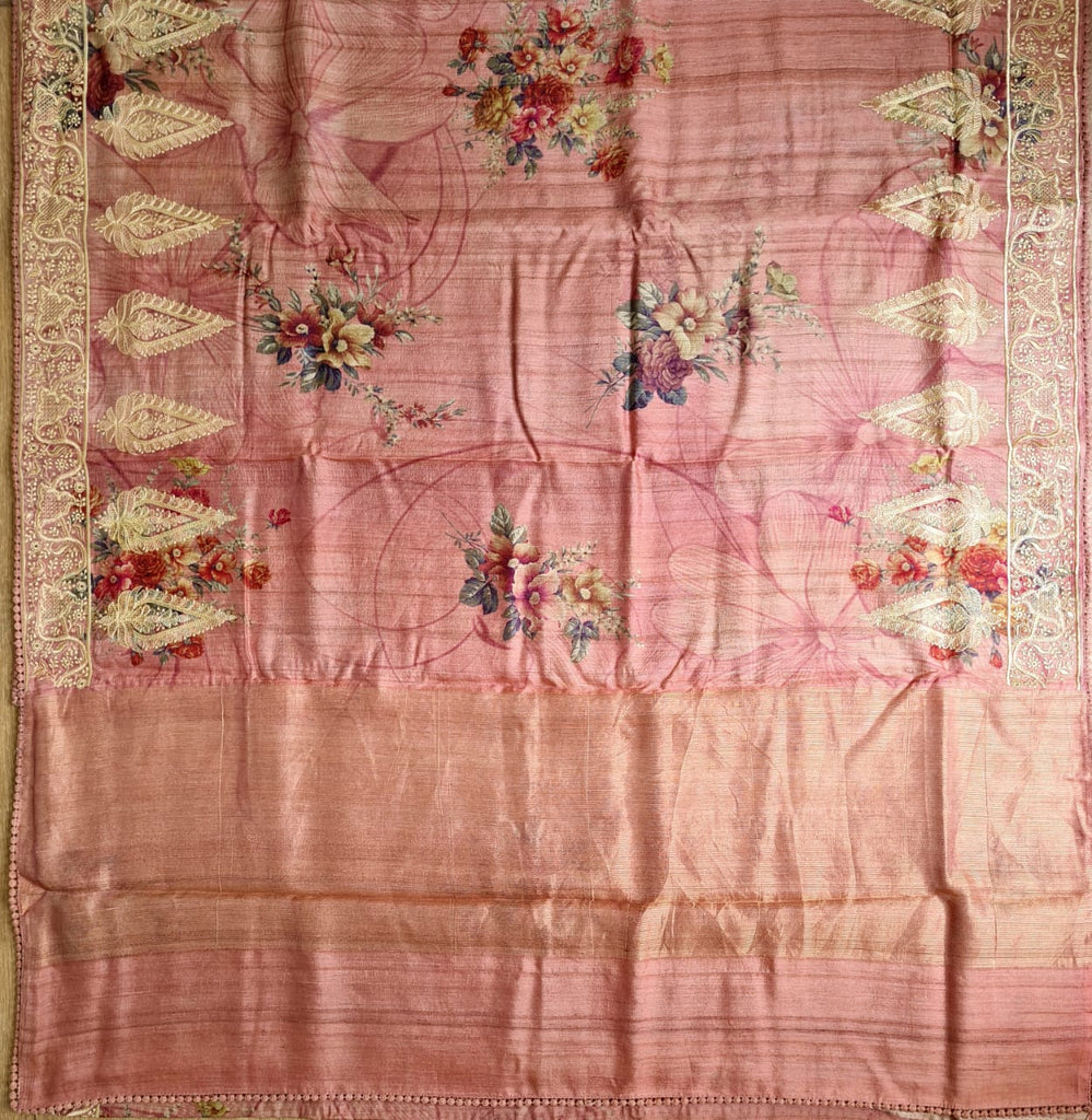 Zynah Pure Tussar Silk Saree with Floral Prints & Embroidery; Custom Stitched/Ready-made Blouse, Fall, Petticoat; Shipping available USA, Worldwide