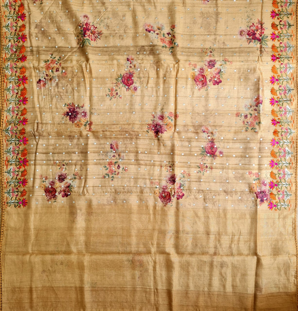 Zynah Pure Tussar Silk Saree with Floral Prints & Embroidery; Custom Stitched/Ready-made Blouse, Fall, Petticoat; Shipping available USA, Worldwide
