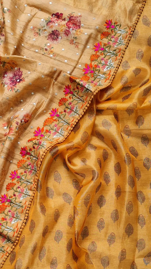 Zynah Pure Tussar Silk Saree with Floral Prints & Embroidery; Custom Stitched/Ready-made Blouse, Fall, Petticoat; Shipping available USA, Worldwide