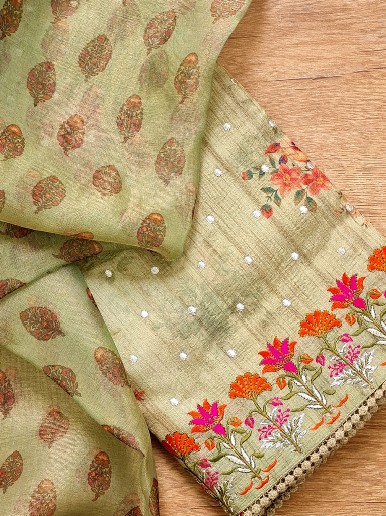 Zynah Pure Tussar Silk Saree with Floral Prints & Embroidery; Custom Stitched/Ready-made Blouse, Fall, Petticoat; Shipping available USA, Worldwide