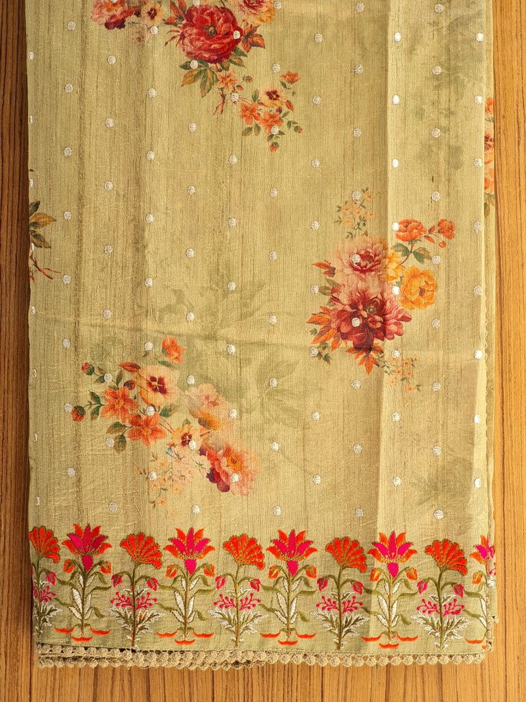 Zynah Pure Tussar Silk Saree with Floral Prints & Embroidery; Custom Stitched/Ready-made Blouse, Fall, Petticoat; Shipping available USA, Worldwide