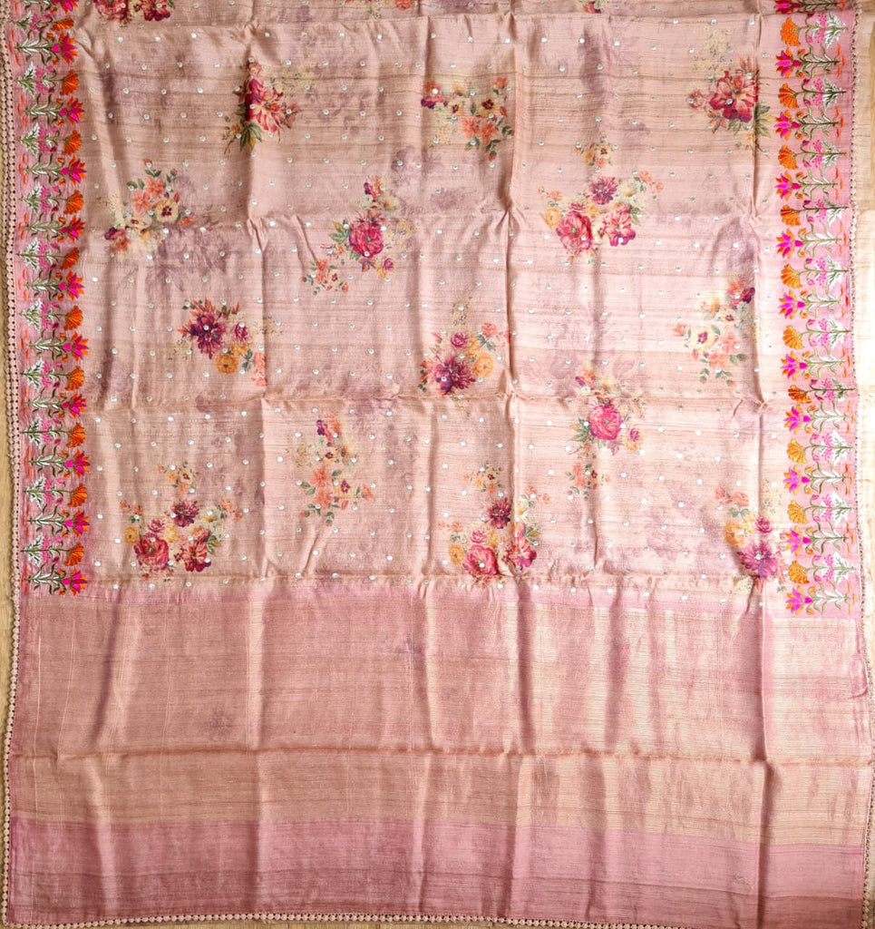 Zynah Pure Tussar Silk Saree with Floral Prints & Embroidery; Custom Stitched/Ready-made Blouse, Fall, Petticoat; Shipping available USA, Worldwide