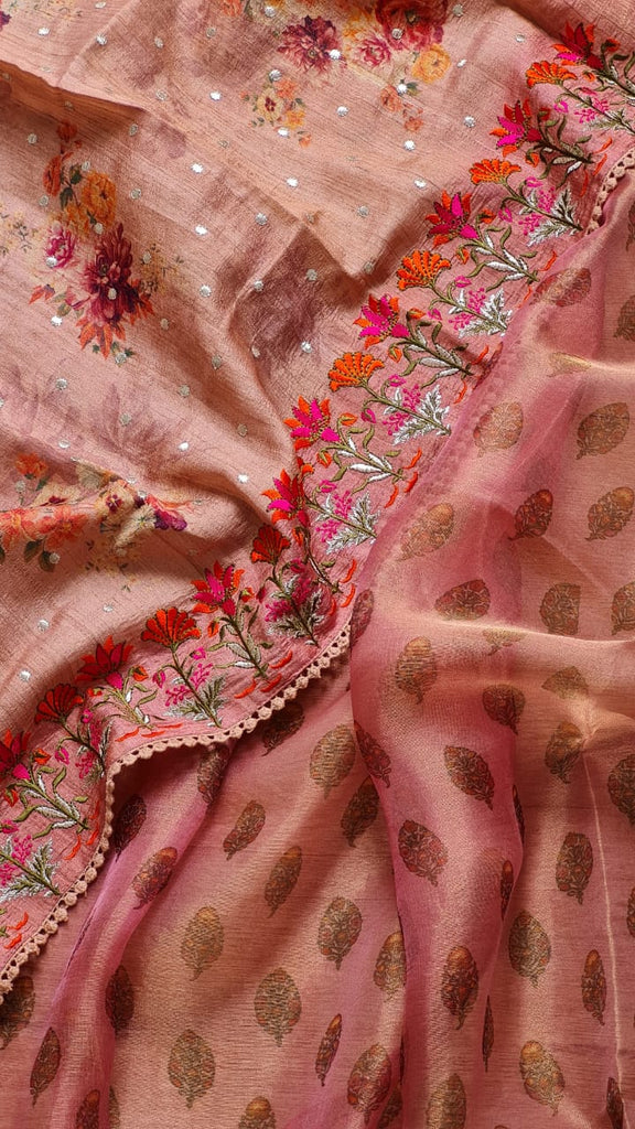 Zynah Pure Tussar Silk Saree with Floral Prints & Embroidery; Custom Stitched/Ready-made Blouse, Fall, Petticoat; Shipping available USA, Worldwide