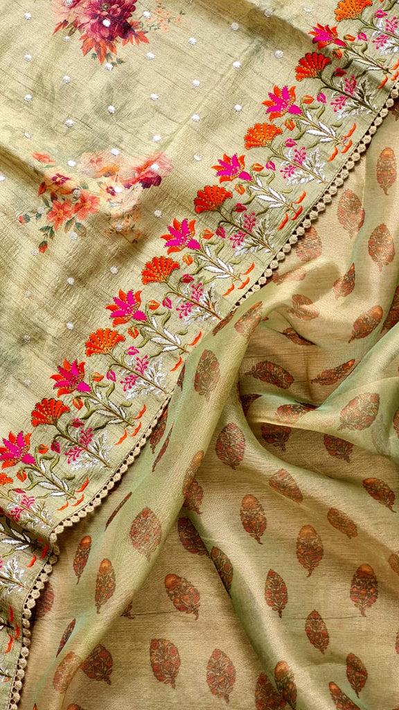 Zynah Pure Tussar Silk Saree with Floral Prints & Embroidery; Custom Stitched/Ready-made Blouse, Fall, Petticoat; Shipping available USA, Worldwide