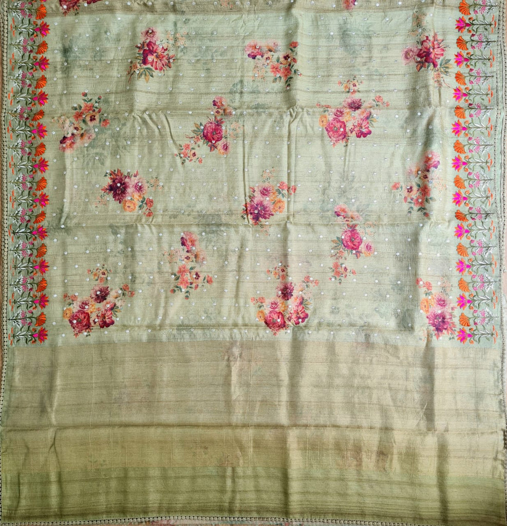 Zynah Pure Tussar Silk Saree with Floral Prints & Embroidery; Custom Stitched/Ready-made Blouse, Fall, Petticoat; Shipping available USA, Worldwide