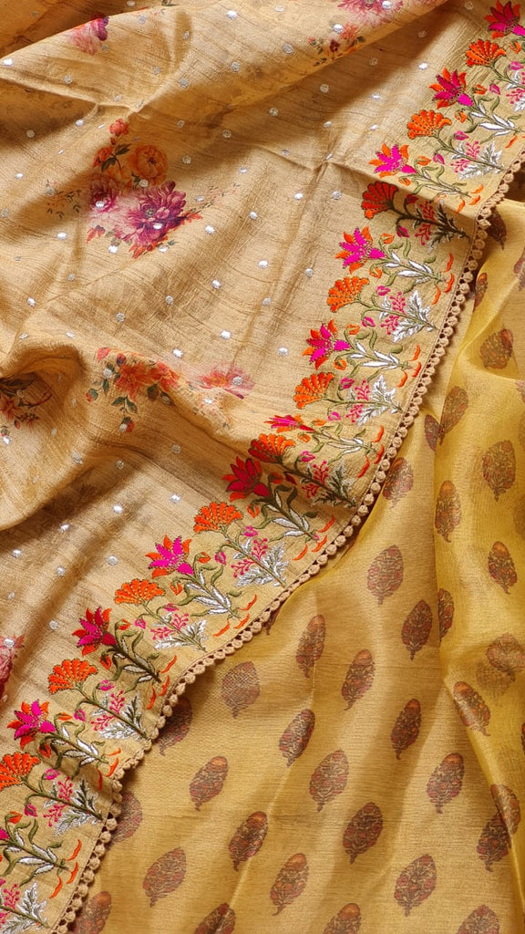 Zynah Pure Tussar Silk Saree with Floral Prints & Embroidery; Custom Stitched/Ready-made Blouse, Fall, Petticoat; Shipping available USA, Worldwide