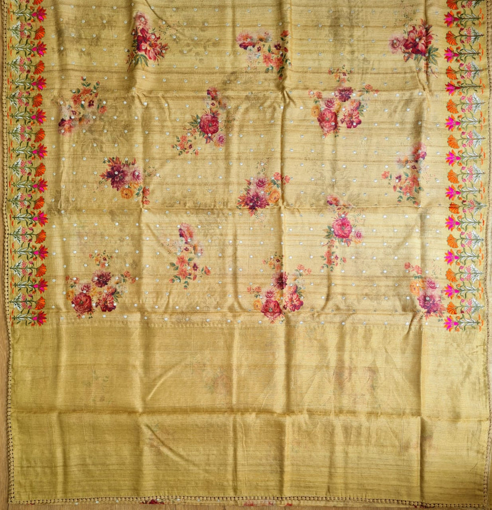 Zynah Pure Tussar Silk Saree with Floral Prints & Embroidery; Custom Stitched/Ready-made Blouse, Fall, Petticoat; Shipping available USA, Worldwide