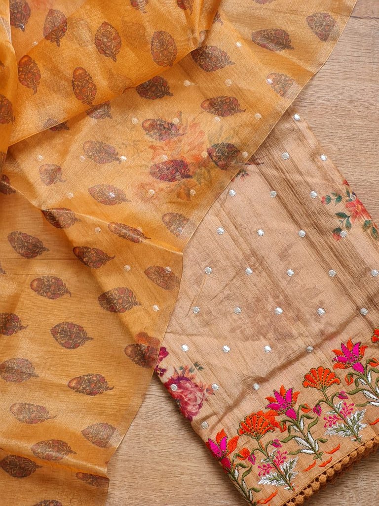 Zynah Pure Tussar Silk Saree with Floral Prints & Embroidery; Custom Stitched/Ready-made Blouse, Fall, Petticoat; Shipping available USA, Worldwide