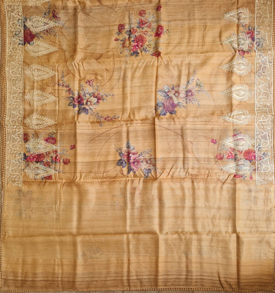 Zynah Pure Tussar Silk Saree with Floral Prints & Embroidery; Custom Stitched/Ready-made Blouse, Fall, Petticoat; Shipping available USA, Worldwide