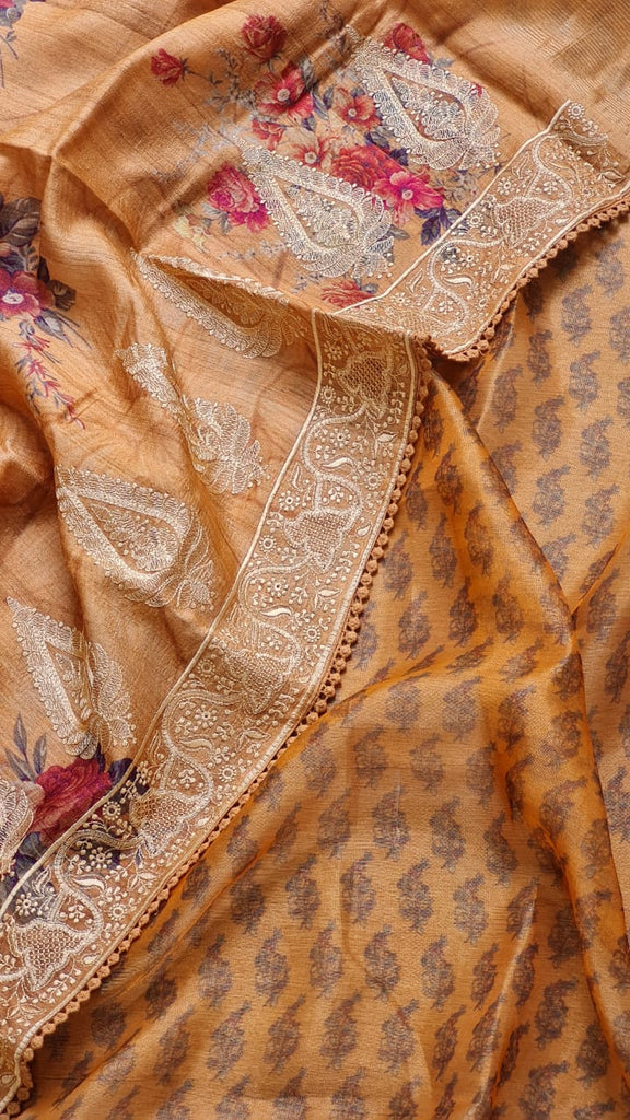 Zynah Pure Tussar Silk Saree with Floral Prints & Embroidery; Custom Stitched/Ready-made Blouse, Fall, Petticoat; Shipping available USA, Worldwide