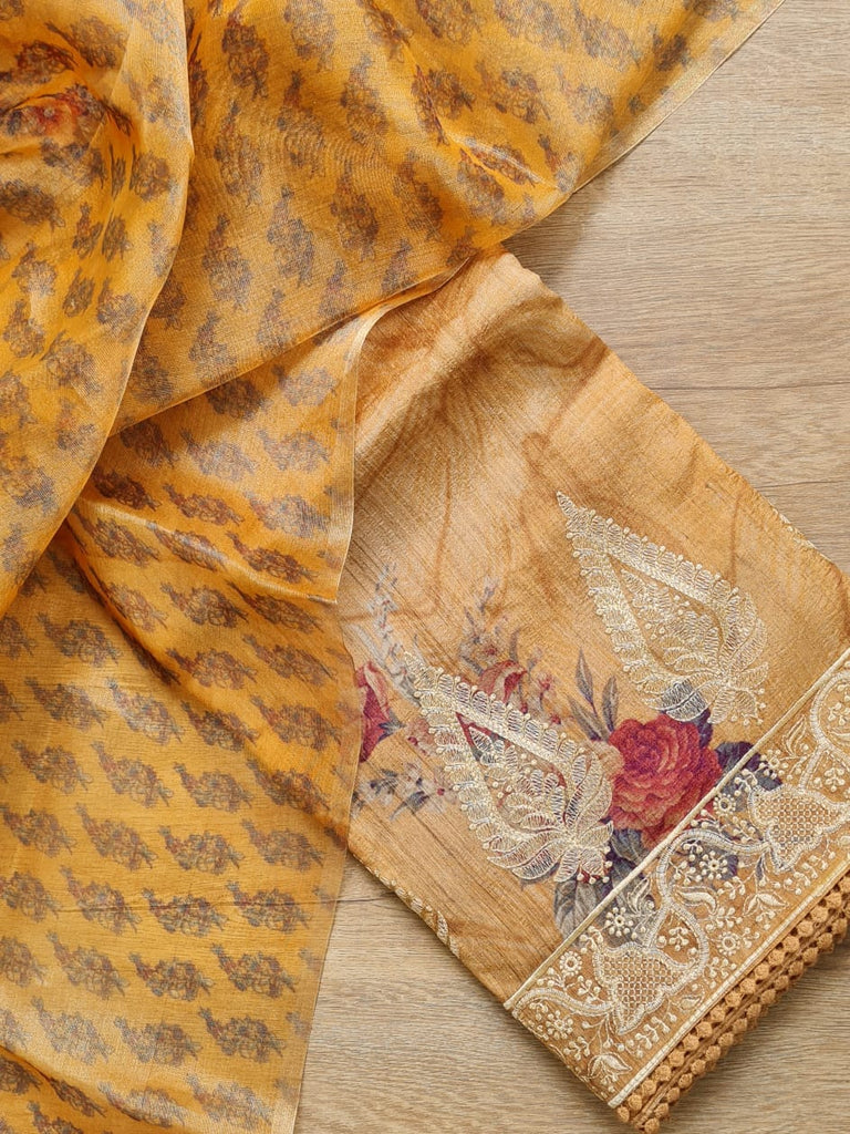 Zynah Pure Tussar Silk Saree with Floral Prints & Embroidery; Custom Stitched/Ready-made Blouse, Fall, Petticoat; Shipping available USA, Worldwide