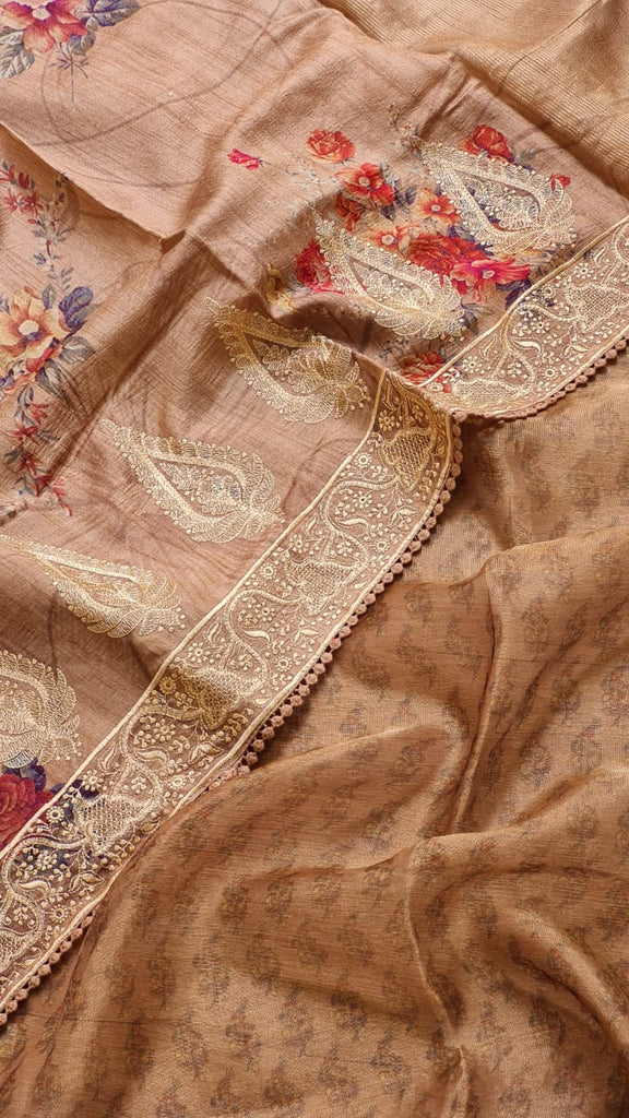Zynah Pure Tussar Silk Saree with Floral Prints & Embroidery; Custom Stitched/Ready-made Blouse, Fall, Petticoat; Shipping available USA, Worldwide