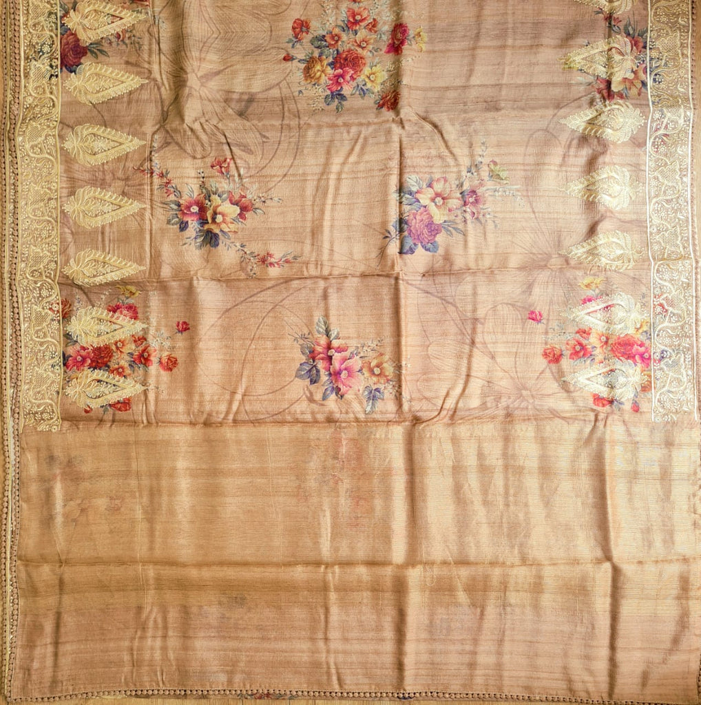 Zynah Pure Tussar Silk Saree with Floral Prints & Embroidery; Custom Stitched/Ready-made Blouse, Fall, Petticoat; Shipping available USA, Worldwide